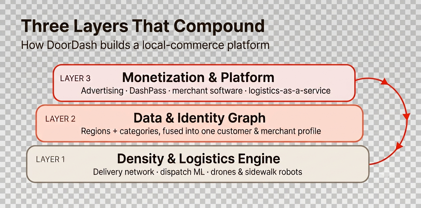 Three layers that compound: a Density and Logistics Engine at the base, a Data and Identity Graph in the middle, and Monetization and Platform on top, wrapped by a flywheel arrow. Each layer is built on the density beneath it and cannot be copied out of order.